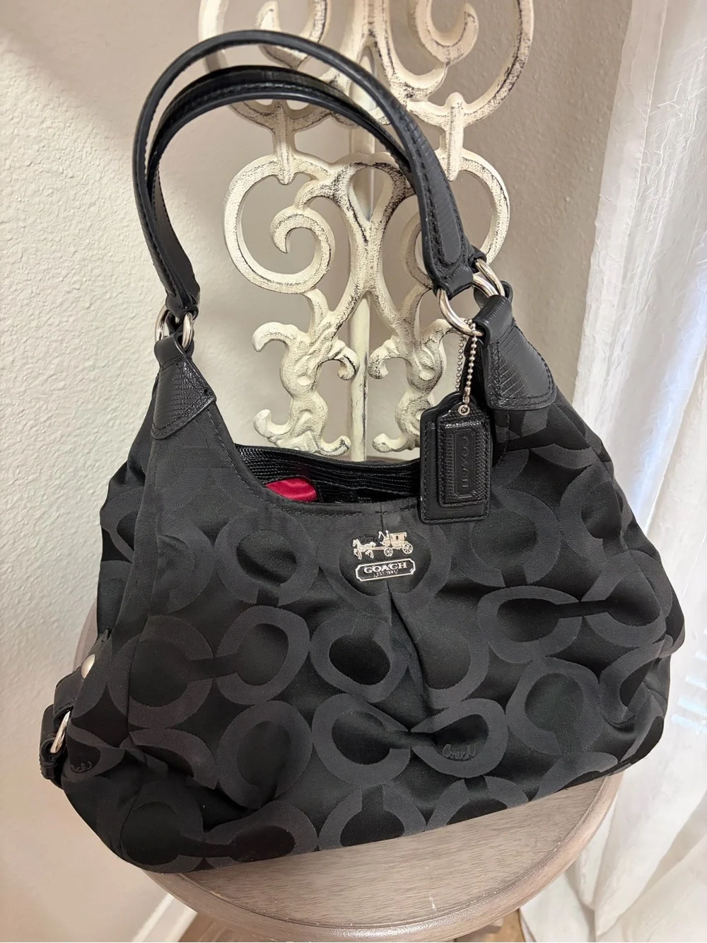 Coach Black Signature Logo Hobo Bag with Silver Hardware